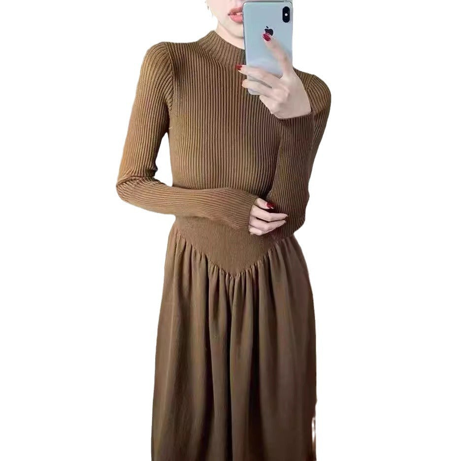 Damen Elegantes Langarm-Maxikleid mit hohem Hals Drune