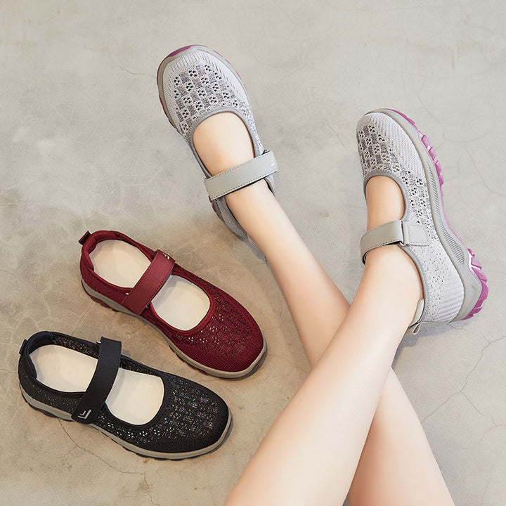 Damen nan atmungsaktiver gestrickter Mary-Jane-Sneaker mit Klettverschluss, stoßdämpfender EVA-Zwischensohle und griffiger Profillaufsohle Drune