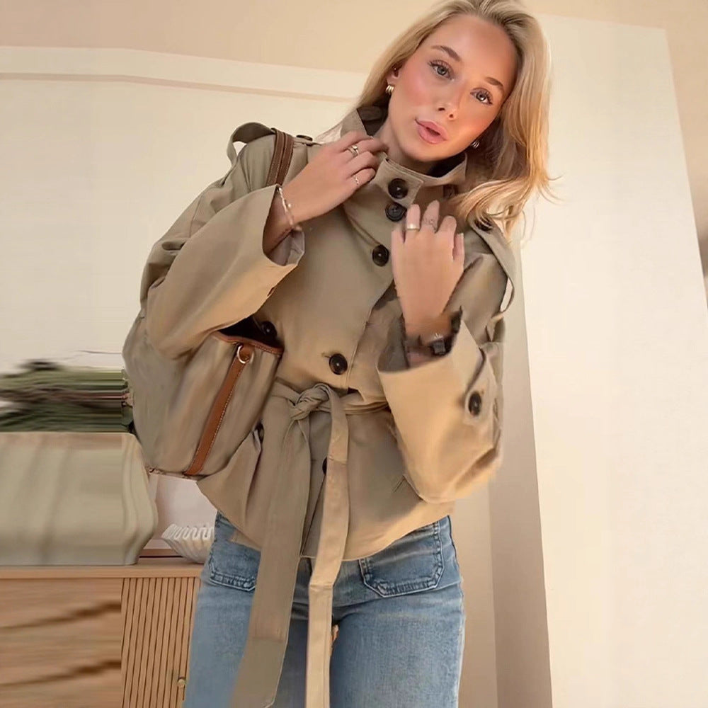 Damen stylische Übergangsjacke mit hohem Kragen und Taillengürtel Drune