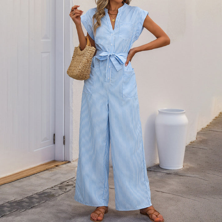 Damen Jumpsuit mit taillierbarem Gurt und modischem Streifenmuster Drune