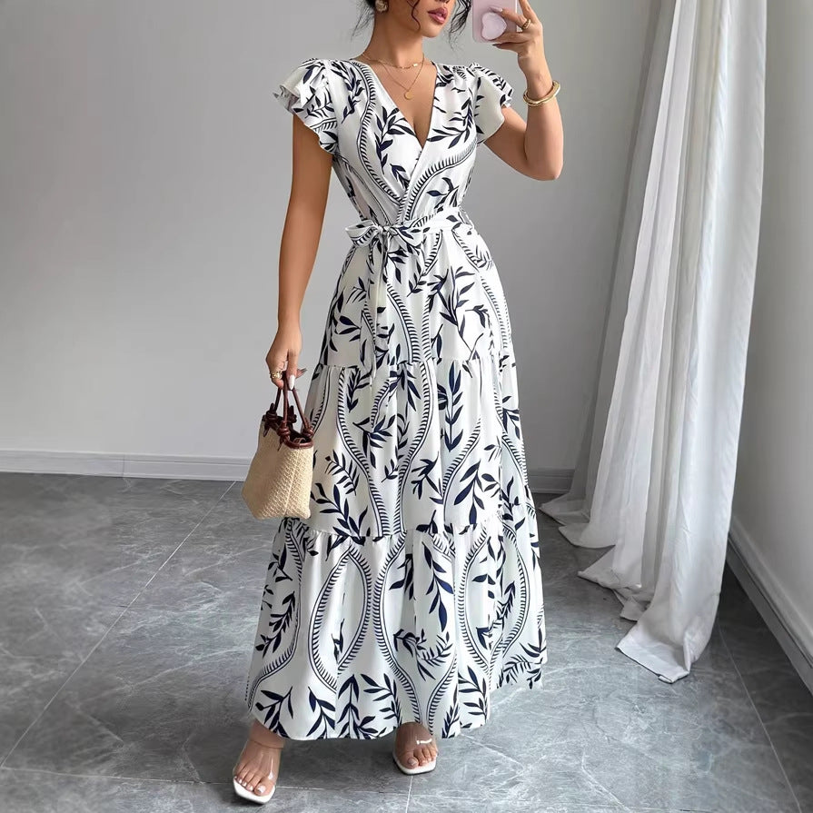 Damen Maxikleid im boho-inspirierten Design mit floralen Elementen und taillierbarem Gürtel Drune