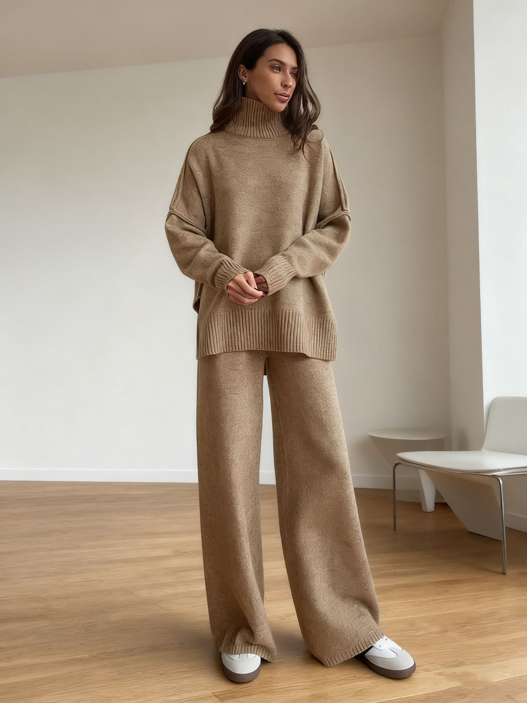 Damen entspannendes Fleece-Loungewear-Set mit hohem Kragen Drune