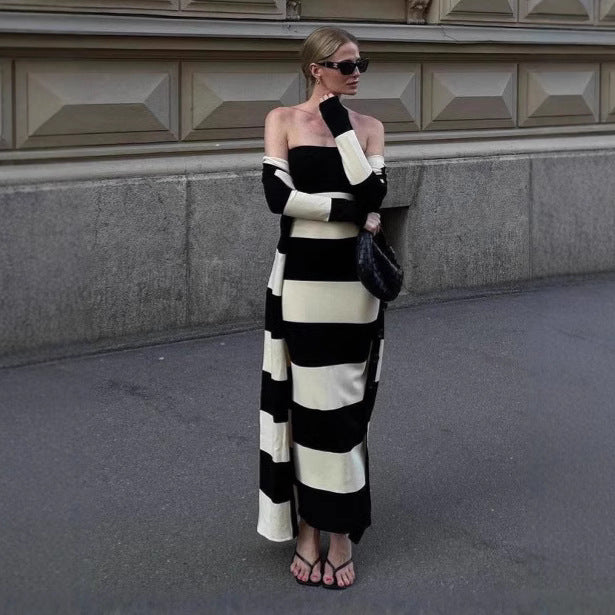 Damen schickes Bandeau-Maxikleid mit grafischem Streifenmuster und figurbetontem Schnitt Drune
