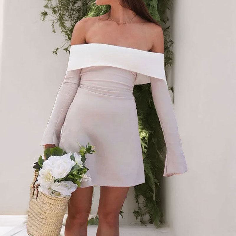 Damen schulterfreies Minikleid mit eleganten Trompetenärmeln und figurbetontem Schnitt Drune