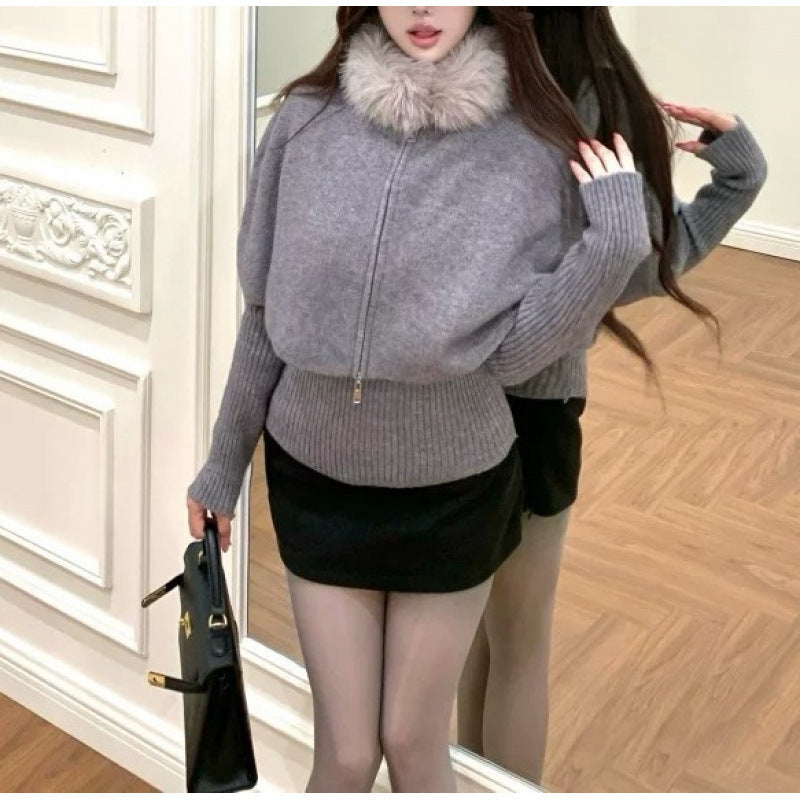 Damen Strick-Cape mit abnehmbarem Pelzkragen Drune