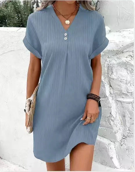 Damen Kurzarm Kleid mit Knopfleiste und feinem Längsstreifenmuster Drune