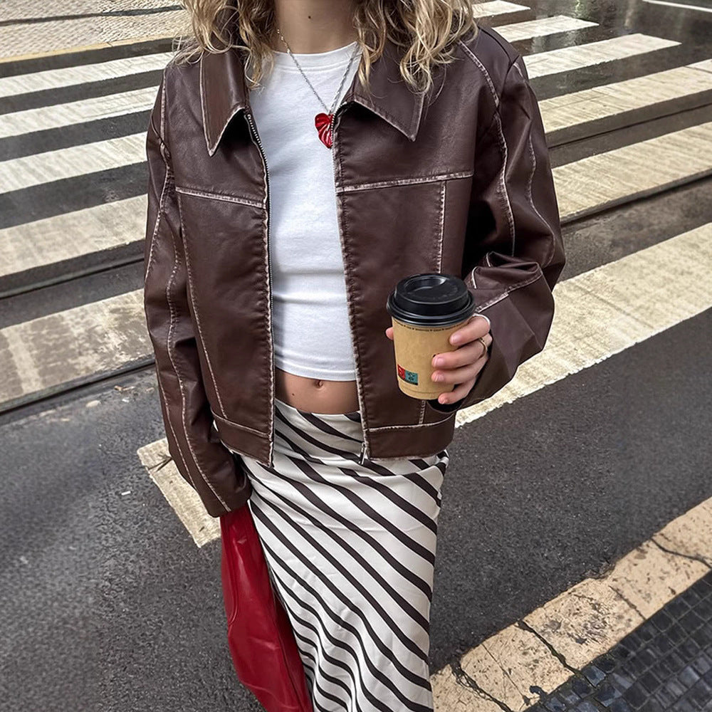 Damen cropped Kunstlederjacke mit feinen Nähten und weitem Schnitt Drune