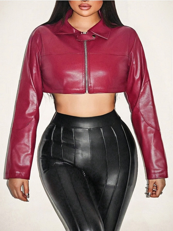 Damen cropped Kunstlederjacke mit innovativem Reißverschluss Drune