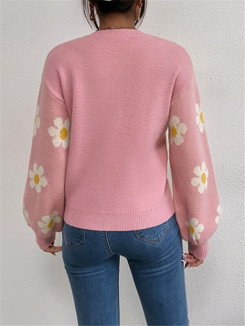 Damen Strickpullover mit verspieltem Blumenmuster und eleganten Puffärmeln Drune