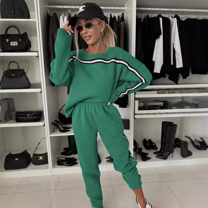 Damen sportliches Fleece-Lounge-Set mit praktischen Seitentaschen und kontrastierenden Streifen Drune