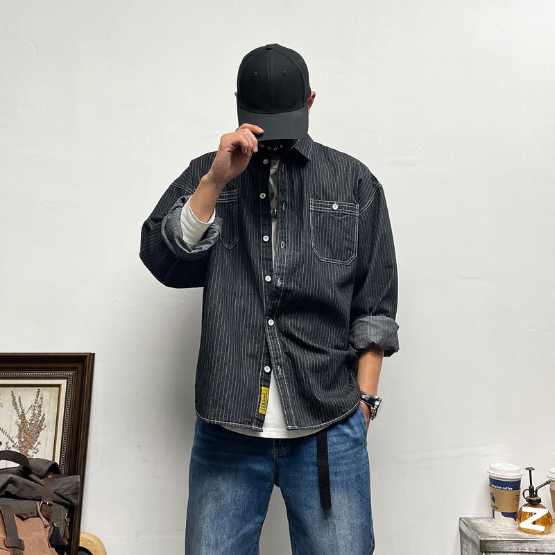 Herren lässiges Denim-Hemd mit vertikalem Streifenmuster und praktischen Brusttaschen Drune