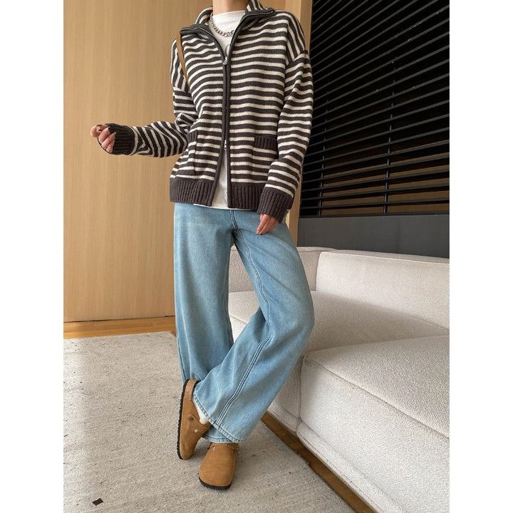 Damen lässige Strickjacke mit gestreiftem Design und hoher Kragen Drune