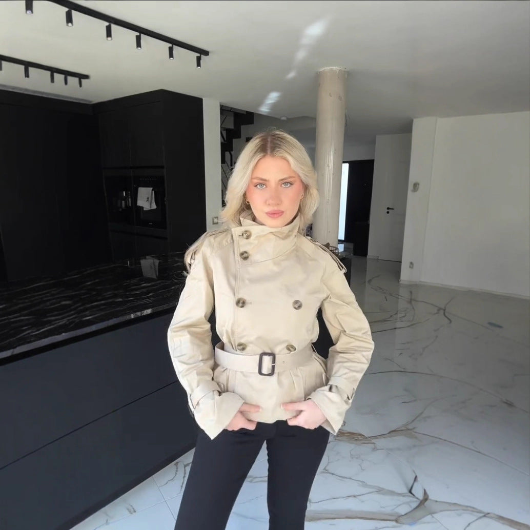 Damen Modischer Trenchcoat mit hohem Kragen und praktischen Seitentaschen Drune