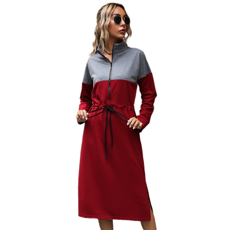 Damen Sportliches Midikleid mit halbem Reißverschluss und Taillenkordelzug Drune