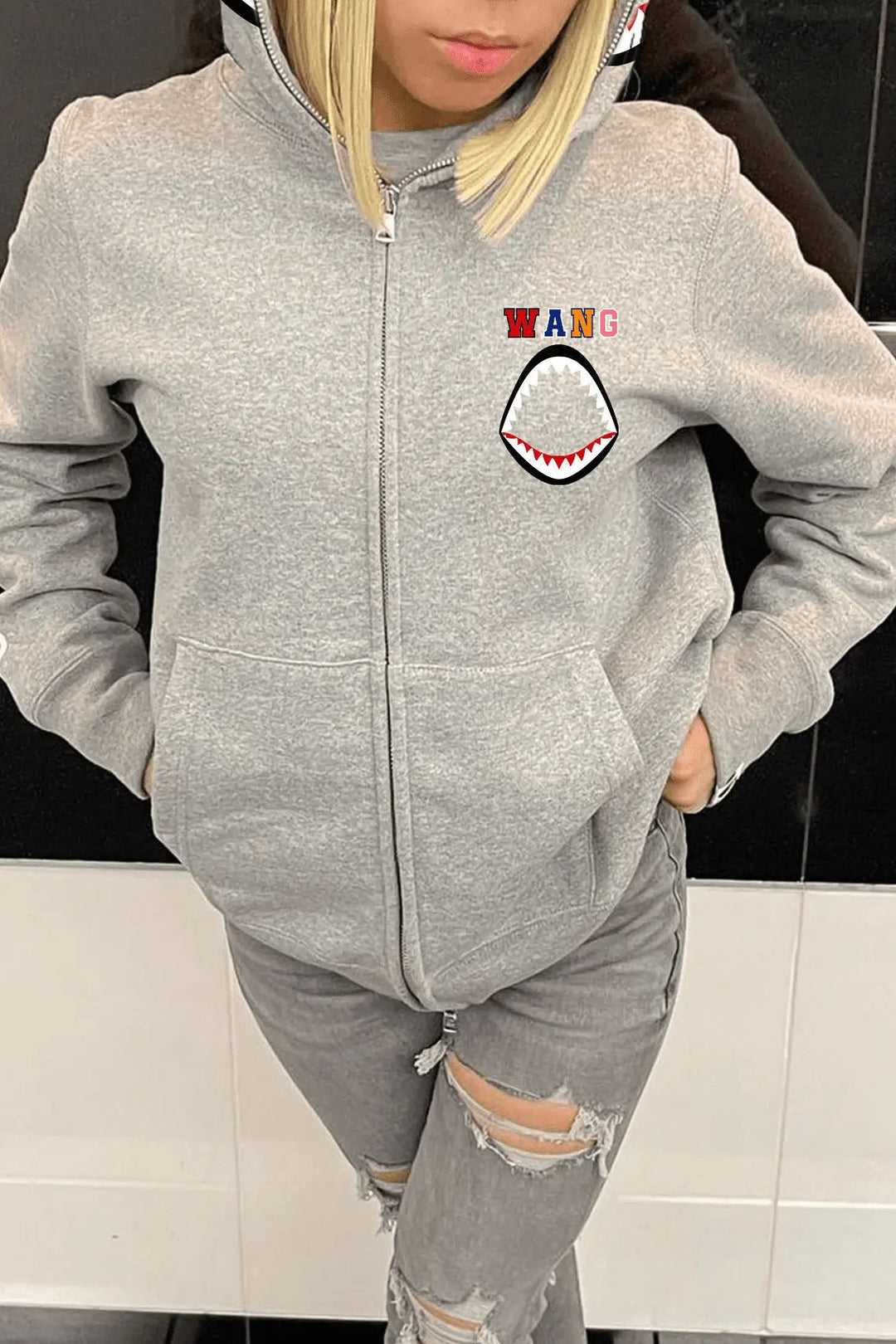 Damen Kapuzenjacke mit kreativem Haifischdesign und moderne Stickereien Drune