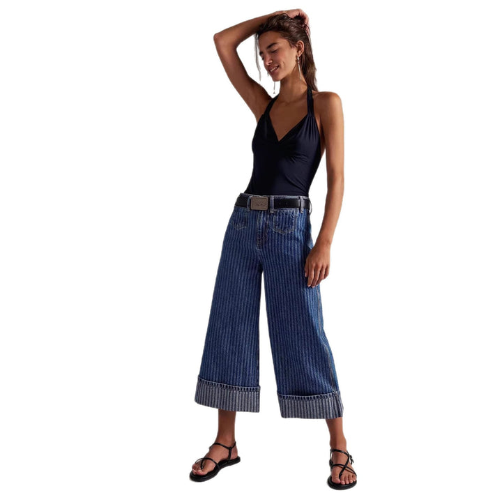 Damen Elegante weit geschnittene Jeans mit aufgenähten Streifen Drune