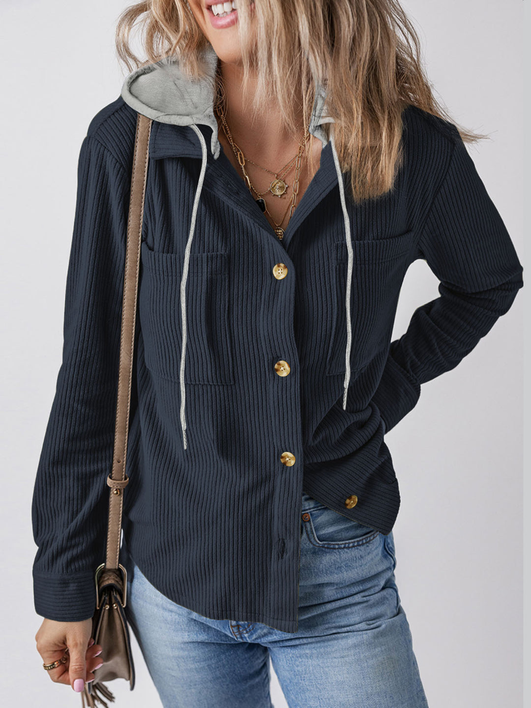 Damen Sportlich-elegante Hemdjacke mit Kapuze und praktischen Taschen Drune