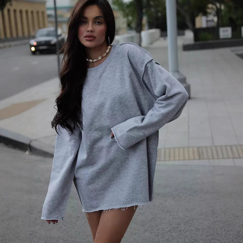 Damen Oversized Sweatshirt mit Fransensaum Drune