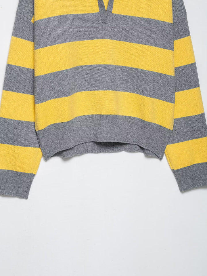 Damen lässiger Strickpullover mit Polo-Kragen und gestreiftem Design Drune
