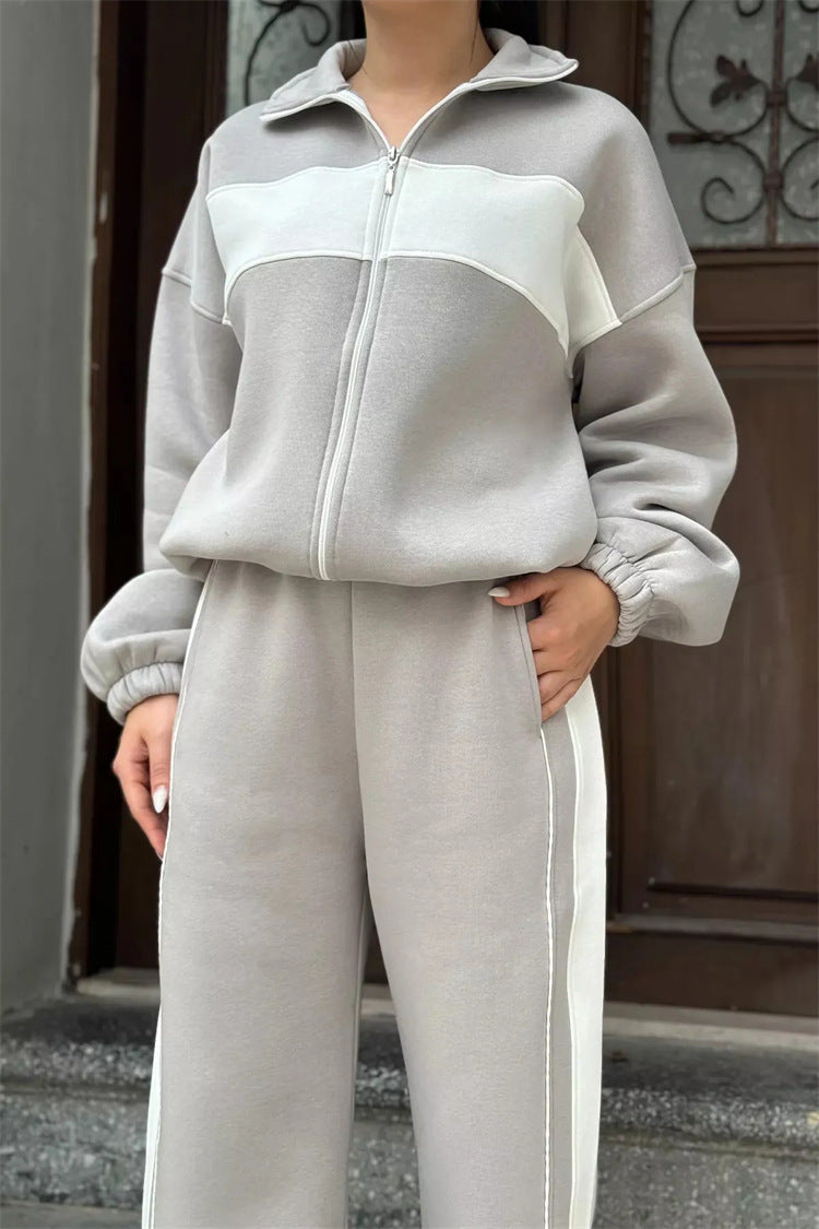 Damen Sportlicher Fleece-Loungewear-Anzug mit Reißverschluss Drune