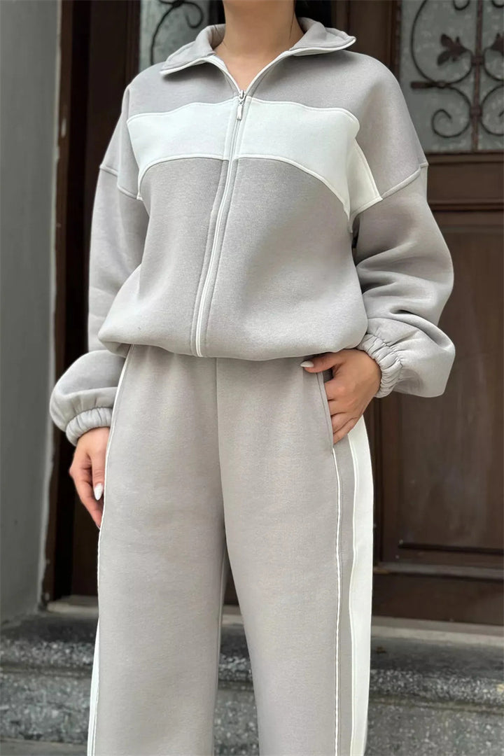 Damen sportlicher Fleece-Jogginganzug mit durchgehendem Reißverschluss und elastischen Bündchen Drune