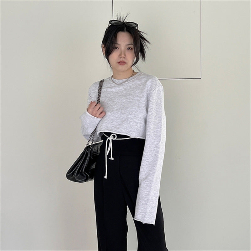 Damen lässiges Crop-Sweatshirt mit verstellbarem Kordelzug Drune
