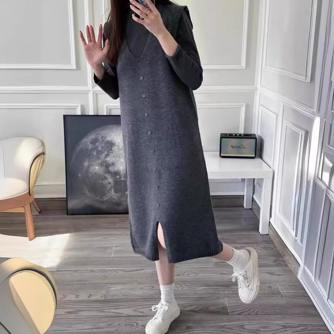 Damen Knielanges Strickkleid mit Knopfleiste und V-Ausschnitt Drune