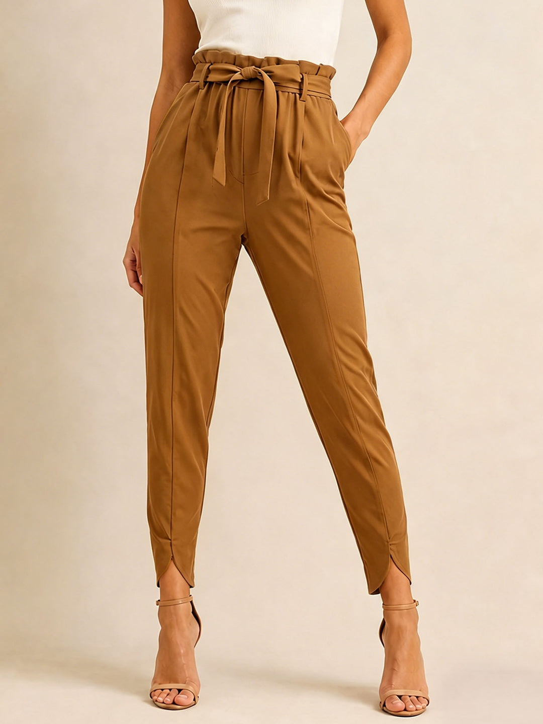 Damen nan hoch taillierte Paperbag-Hose mit Bindegürtel und geschlitztem Knöchelabschluss Drune