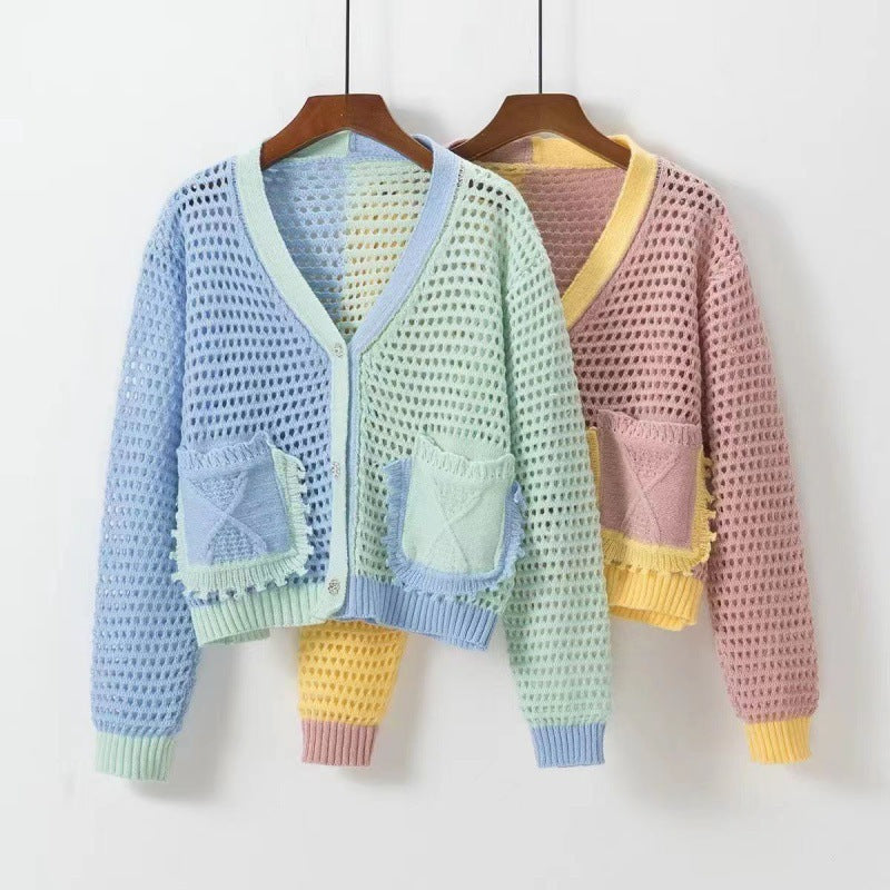 Damen luftiger Strickcardigan mit feiner Netzstruktur und aufgesetzten Taschen Drune