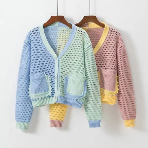 Damen luftiger Strickcardigan mit feiner Netzstruktur und aufgesetzten Taschen Drune