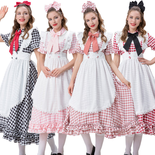 Damen nan Vintage-inspiriertes Karo-Swingkleid mit abnehmbarer Schürze, Rüschenärmeln und Schleifenkragen Drune