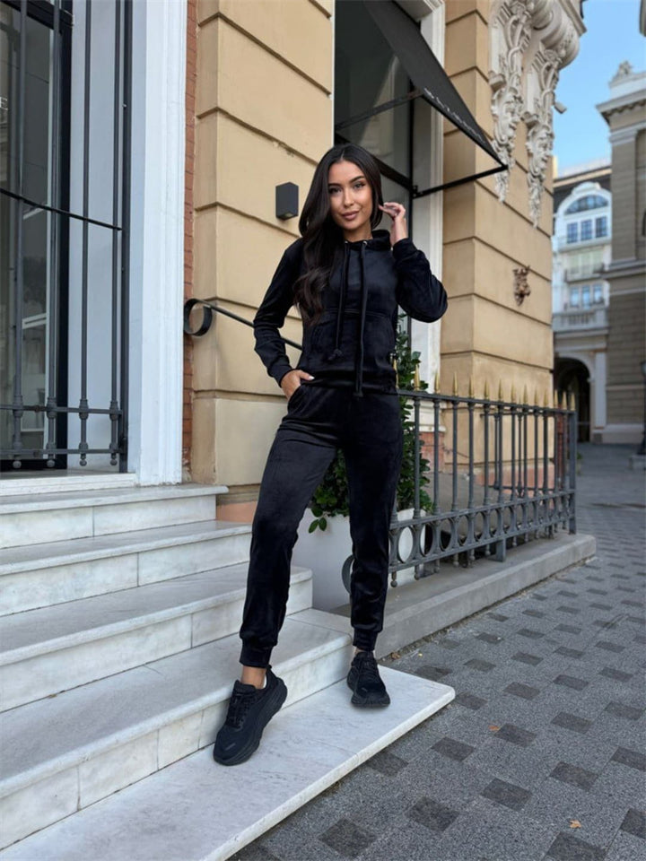 Damen Luxuriöses Fleece-Loungewear-Set mit Kapuze Drune