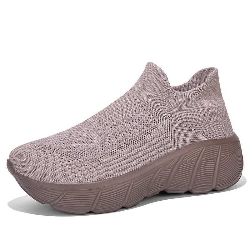 Unisex nan nahtloser Strick-Überziehschuh mit skulpturierter Plateau-Laufsohle und orthopädisch geformter Fersenführung Drune