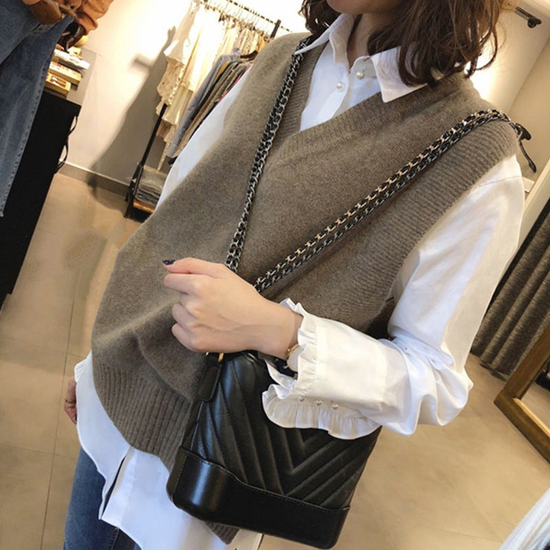 Damen Ärmellose Strickweste mit V-Ausschnitt und Rippdetails Drune