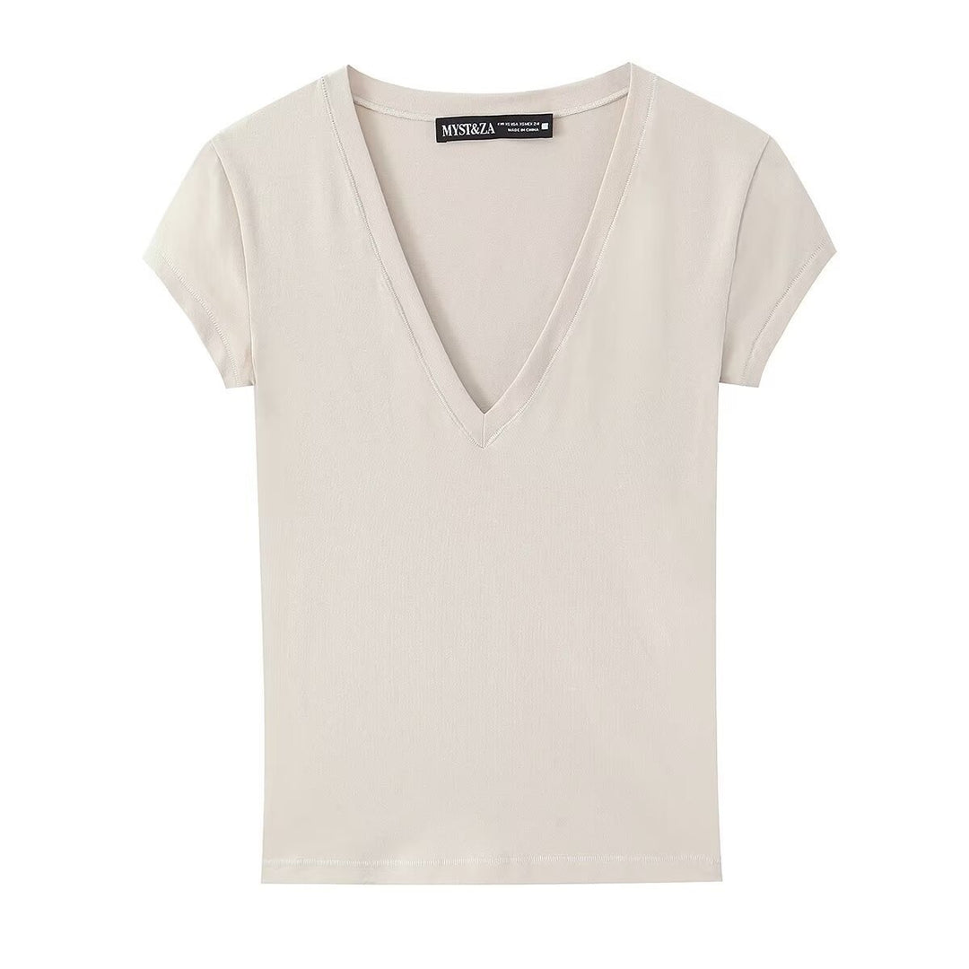 Damen T-Shirt mit modernem V-Ausschnitt und angenehmem Baumwollmix Drune