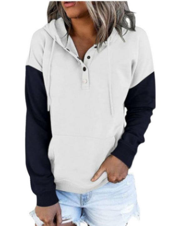 Damen Kapuzenpullover mit modischem Farbblockdesign und klassischen Knopfdetaillierung Drune