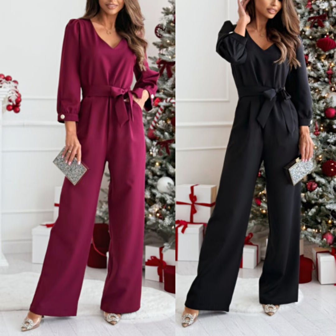 Damen Eleganter Jumpsuit mit Taillengürtel und weitem Bein Drune