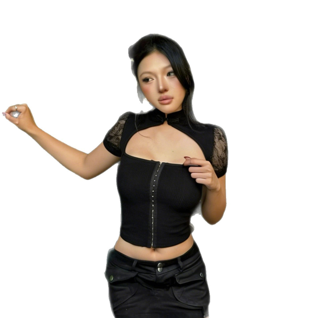 Damen stilvolles Oberteil mit transparenten Spitzeneinsätzen und elegantem Kragen Drune