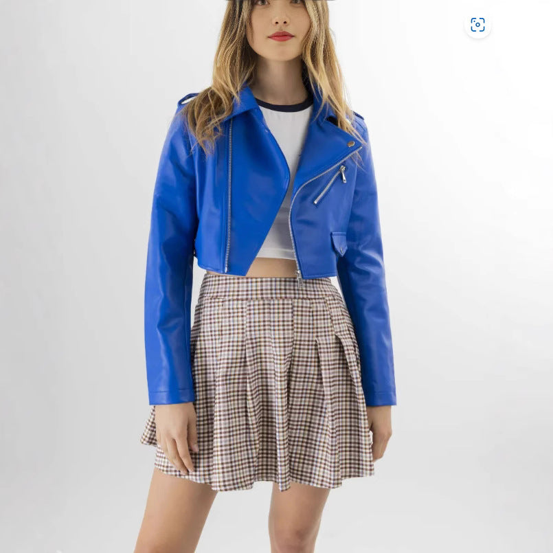 Damen modische cropped Bikerjacke aus Kunstleder Drune