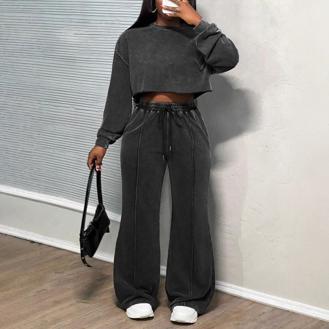 Damen lässiges Crop-Oberteil und weit geschnittene Hose Set Drune