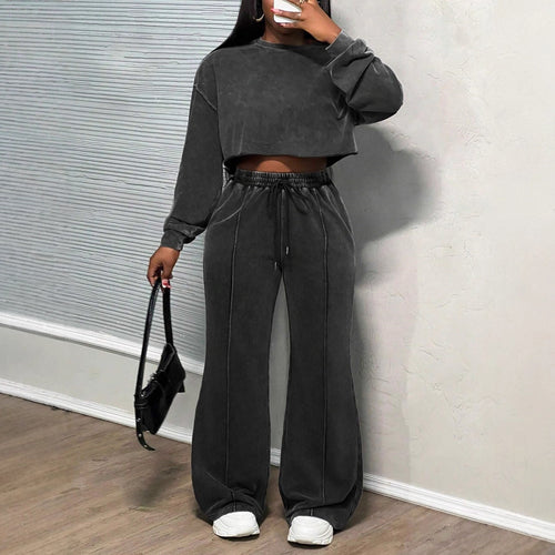 Damen lässiges Crop-Oberteil und weit geschnittene Hose Set Drune