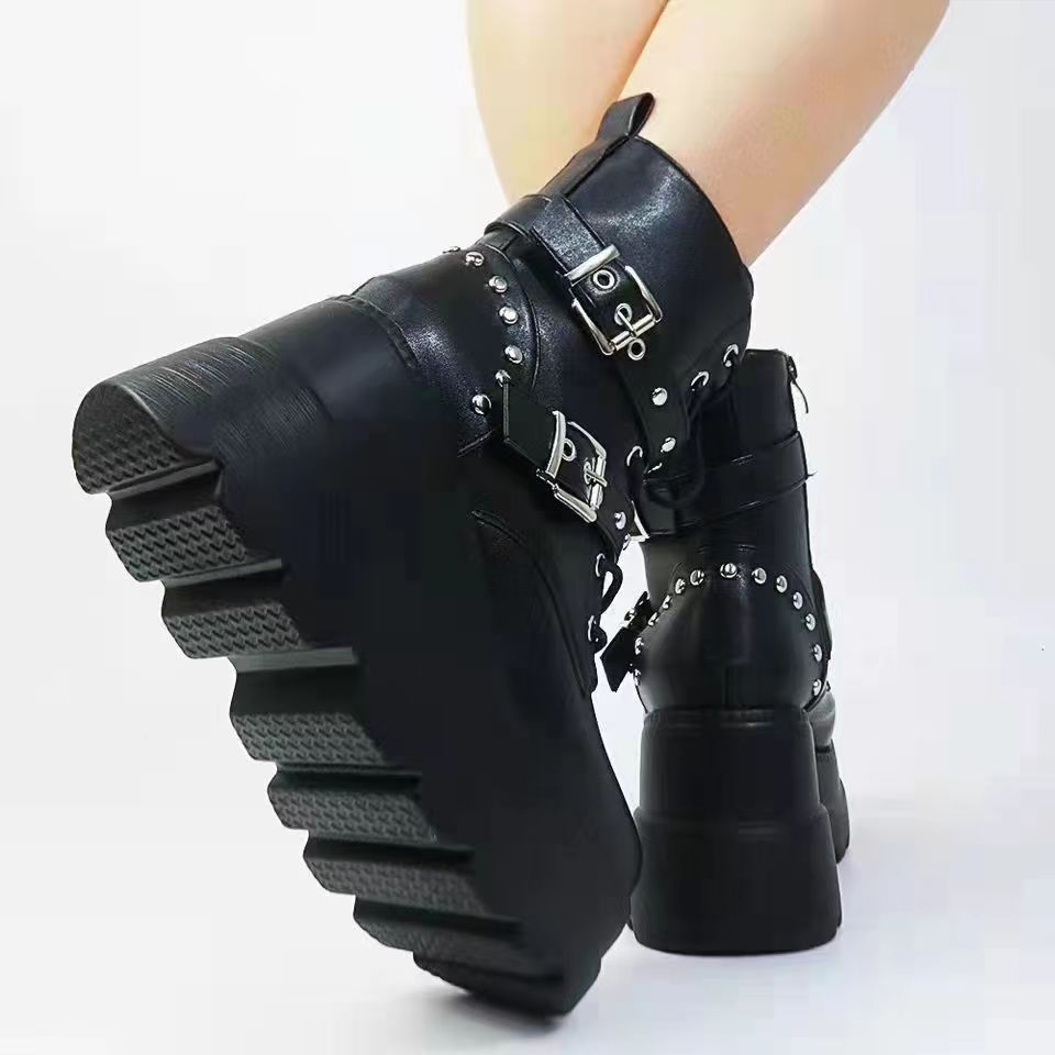 Damen nan knöchelhohe Punk-Plateau-Bikerstiefelette mit doppelten Zierriemen und markanter Profilsohle Drune