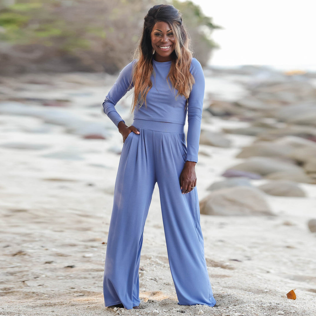Damen Jumpsuit mit weitem Beinschnitt und langen Ärmeln Drune