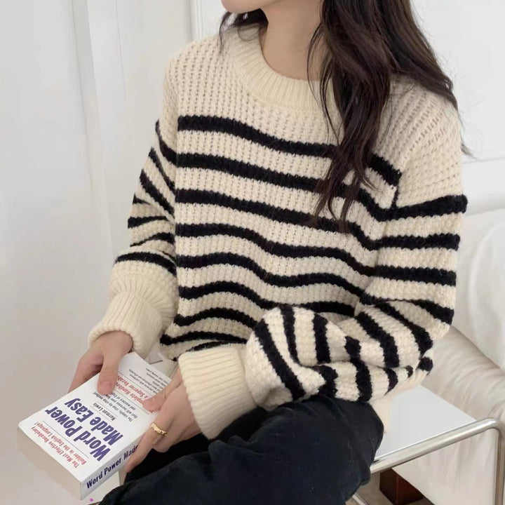 Damen gestreifter Strickpullover mit bequemem Rundhalsausschnitt und lockerer Passform Drune