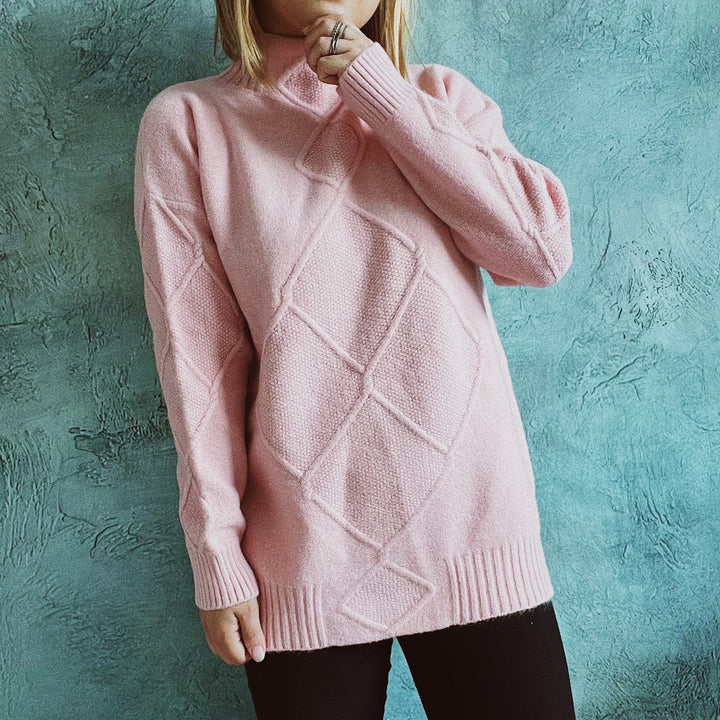 Damen Grobstrickpullover mit elegantem Rautenmuster und hohem Kragen Drune