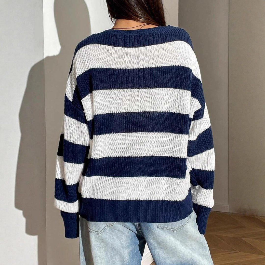 Damen Großer Strickpullover mit lässigem Blockstreifenmuster und weit geschnittenem Rundhalsausschnitt Drune