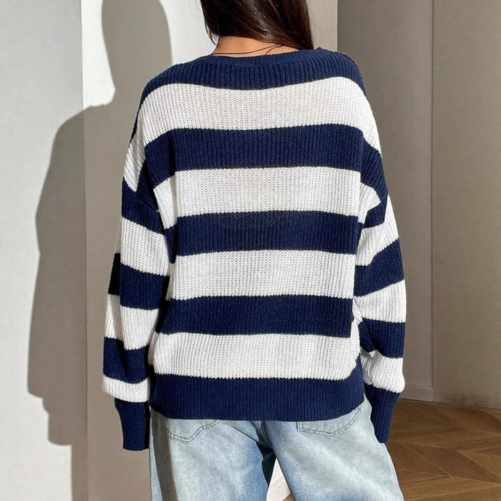 Damen Großer Strickpullover mit lässigem Blockstreifenmuster und weit geschnittenem Rundhalsausschnitt Drune