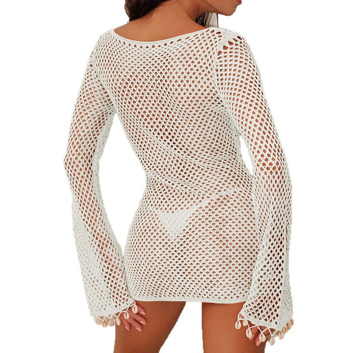 Damen Netzkleid mit weitem Ärmel und Muscheldekor Drune