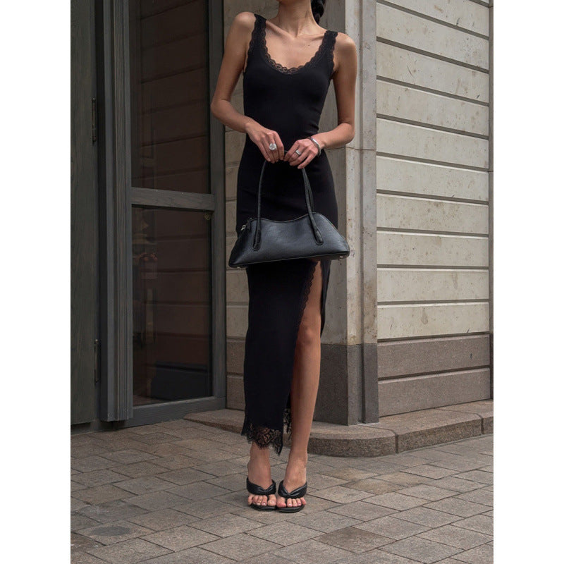 Damen Maxikleid mit Spitzenabschluss und hohem Schlitz Drune