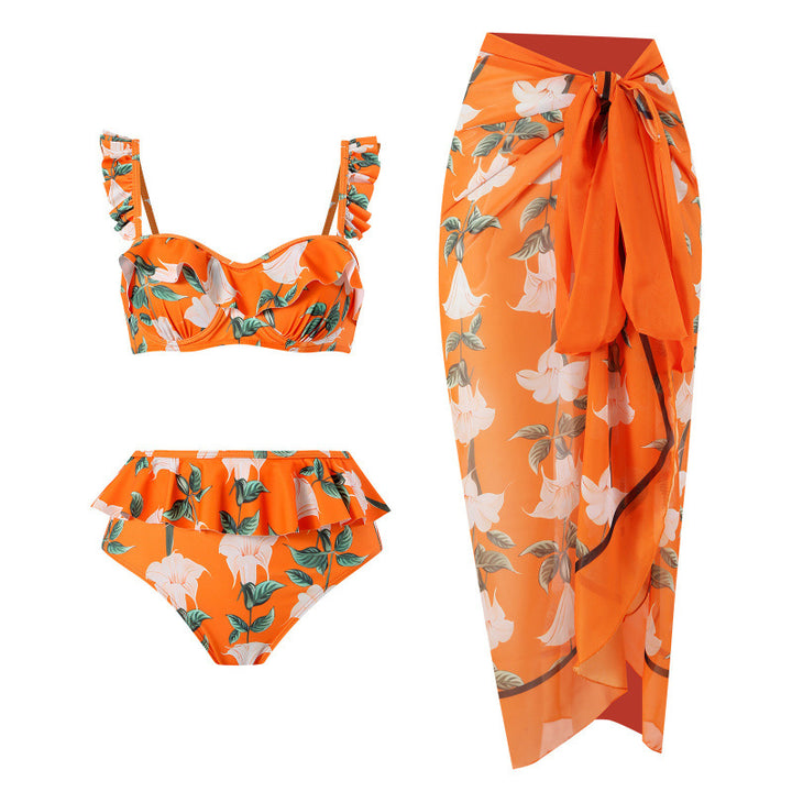 Damen Bikini-Set mit floralem Rüschendesign und elegantem Wickelrock Drune